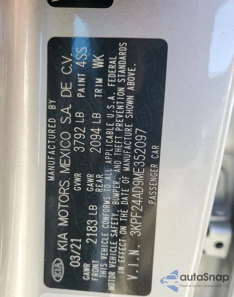 2021 Kia Forte Fe z USA, uszkodzony, nr VIN 3KPF24AD9ME352097